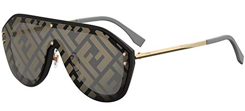 Fendi Men FF M0039/G/S 2M2 7Y Black Gold Plastic Shield Sunglasses Gold Fendi Print Mirror Lens, 99-1-145