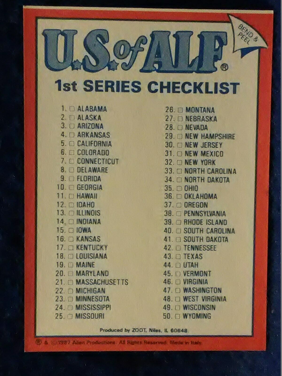 1987 TOPPS U. S. of ALF 1st Series Checklist Trading card Sticker 