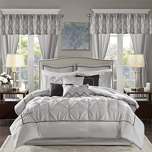 Madison Park Essentials Room in a Bag Faux Silk Comforter Set-Luxe Diamond Tufting All Season Bedding, Matching Curtains, Decorative Pillows, King (104 in x 92 in), Grey