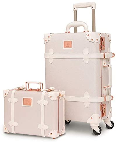 urecity Designer Vintage Trunk Combination Luggage Sets of 2 Piece, Hard Shell Retro Travel Suitcase with Wheels (Rose White, 26