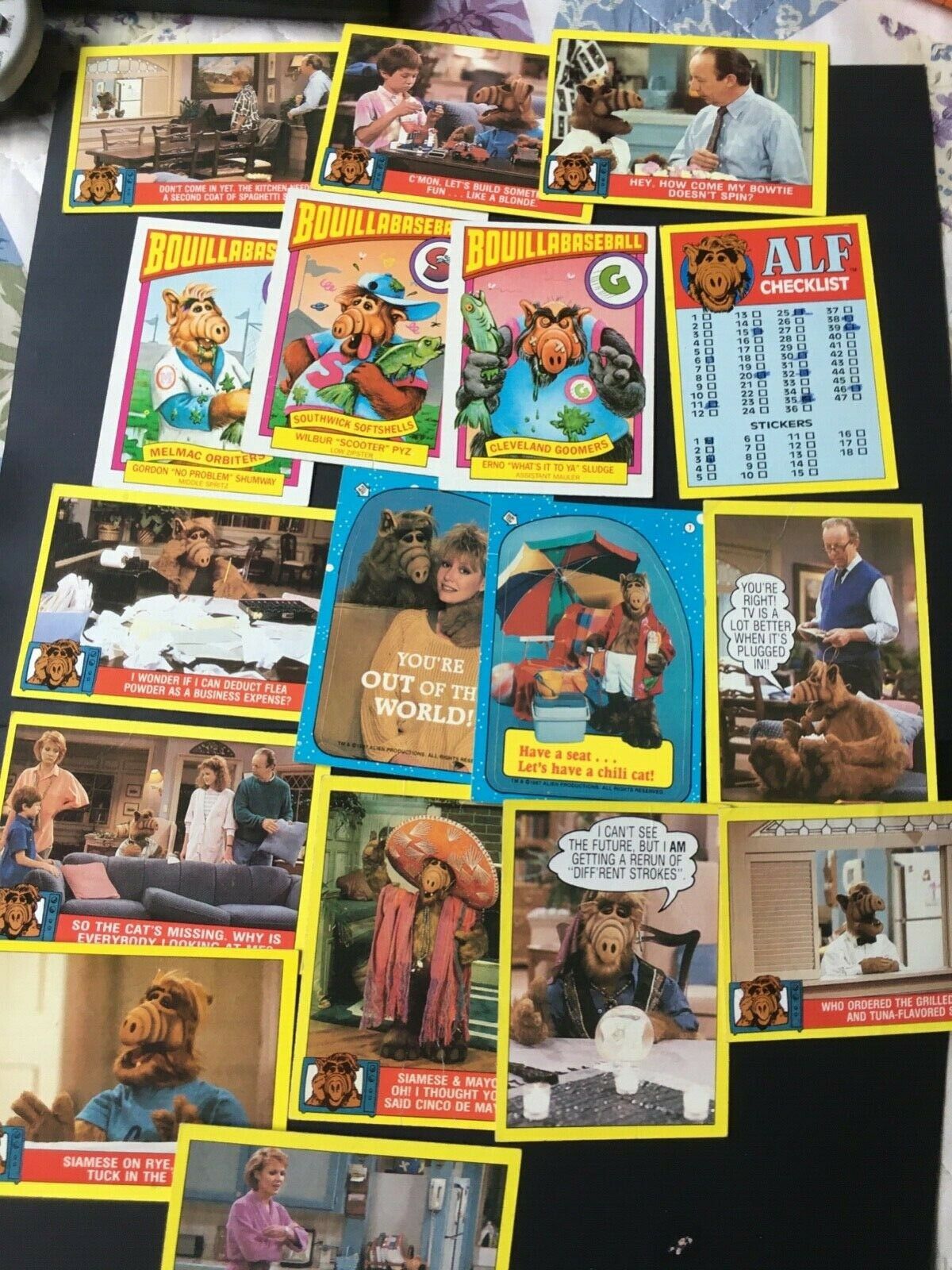 1987 Topps ALF Series 1 Trading Cards, Lot of 11 cards, 2 stickers, & others