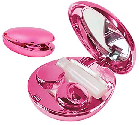 Aukvite Contact Lens Case, Portable Contact Lens Box Kit with Mirror, Travel Contact Lens Case Durable Compact Soak Storage Kit with Care Solution Bottle Tweezers Container Remover Combo Pattern(Pink)