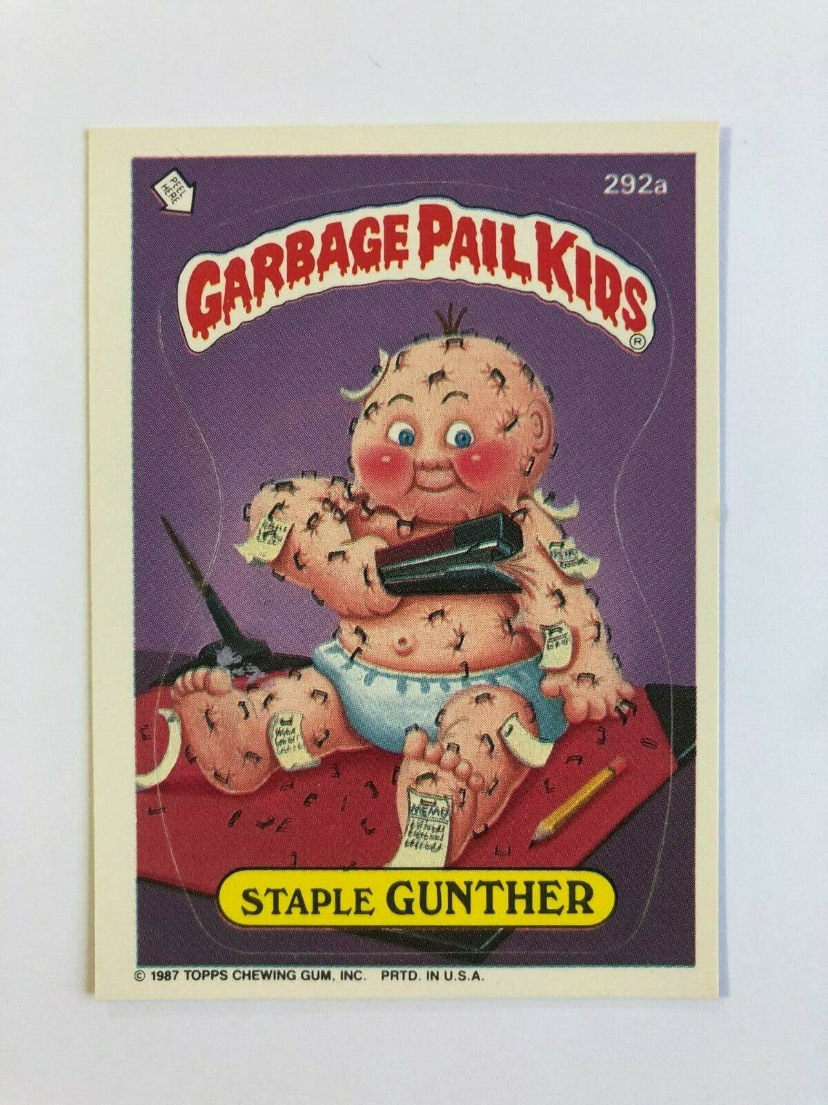 Topps 1987 Garbage Pail Kids Trading Card # 292a Staple Gunther
