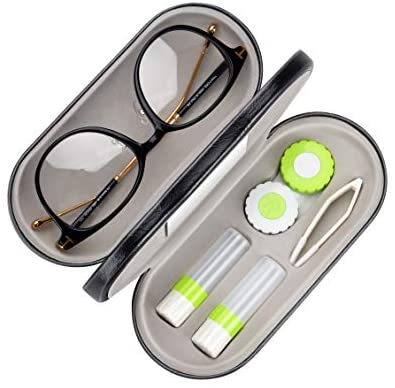 Muf 2 in 1 Double Sided Portable Contact Lens Case and Eyeglasses Case,Dual Use Design with Built-in Mirror,Tweezer and Contact Lens Solution Bottle Included for Travel Kit(Green)