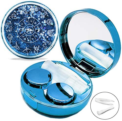 Contact Lens Case, Bling Stars Colored Portable Cute Eye Contact Lense Remover Tool with Mirror for Teen Girls Women Travel Carry(Blue)