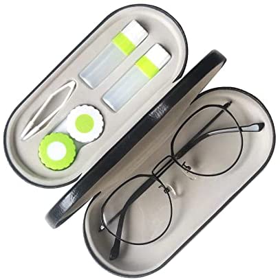 2 in 1 Double Functional Glasses Case - Portable Contact Lens Case,Built-in Mirror Tweezers Remover,Perfect for Business Traveling/Short Journey//Camping/Hiking，Black