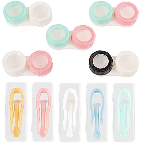 5 Pack Colorful Contact Lens Case, Compact Contact Lens Case Bulk Box Holder Container with L/R Marked, Leak-Proof Soak Storage Kit with 5 Pcs Removal and Insertion Tool