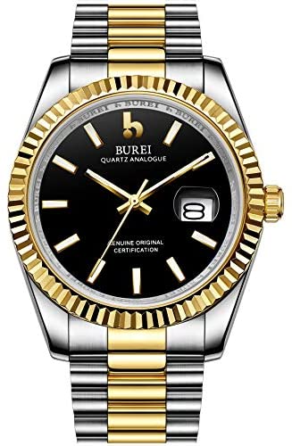 BUREI Mens Watches Luxury Analog Quartz Wristwatch Dial Calendar Display Sapphire Crystal with Stainless Steel Band