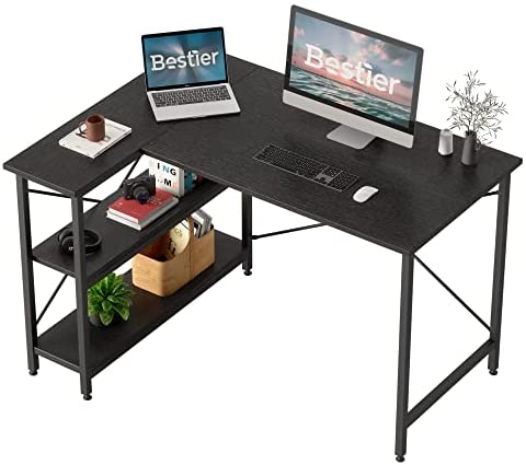Bestier Small L Shaped Desk with Shelves 47 Inch Reversible Corner Computer Desk Writing Gaming Storage Table for Home Office Small Space, Black