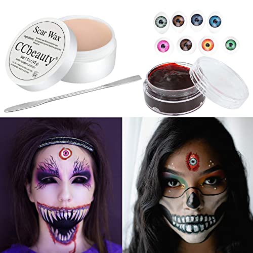CCbeauty Halloween SFX Special Effects Makeup Kit Stage Fake Wound Mouldling Scar Wax (1.6 Oz) with Spatula Tool，Fake Coagulated Blood Gel(0.63Oz), 8pcs Scary Eyes for Cosplay Costume Fancy Dress