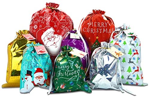 Christmas bag Christmas Drawstring Gift Bags,Christmas candy bag, party gift wrap,Children's gift bags,22pcs Assorted Christmas Gift Wrapping Bags Upgraded Christmas Goodie Bags for Christmas Party in 4 Sizes and 8 Designs with Inserted Drawstring Ribbons and 30pcs Tags