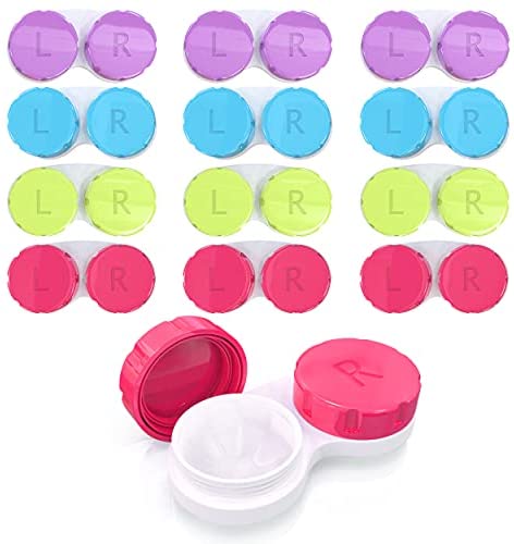 Contact Lens Case Pack of 12 Compact Size Multi-Color & Leak-proof Contacts Case with L/R Marked Caps for Protecting Eyes, Travelling, Home, & Soaking Storage