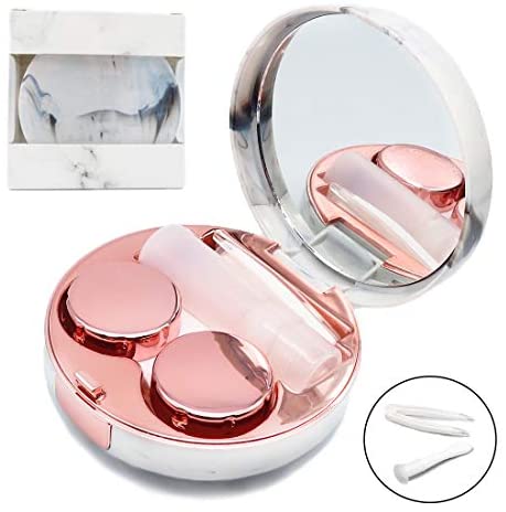 Contact Lens Case, Portable Cute Eye Contacts Colored Lenses Remover Box Kit with Mirror for Travel (Rose Gold)