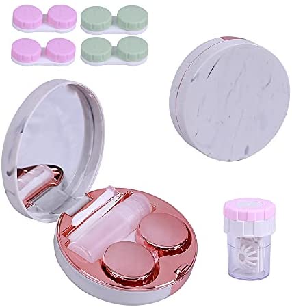 Contact Lenses Case Kit, Marble Contact Lens Case with Mirror,Portable Contact Box Travel Kit with Lens Cleaner Solution Bottle Tweezers Remover for Outdoor and Office Daily Use