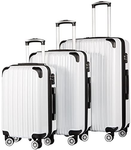 Coolife Luggage Expandable 3 Piece Sets PC+ABS Spinner Suitcase 20 inch 24 inch 28 inch (white grid)