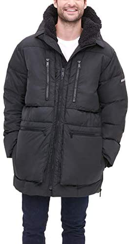 DKNY Men's Ultra Loft Full Length Quilted Parka with Sherpa Lined Hood