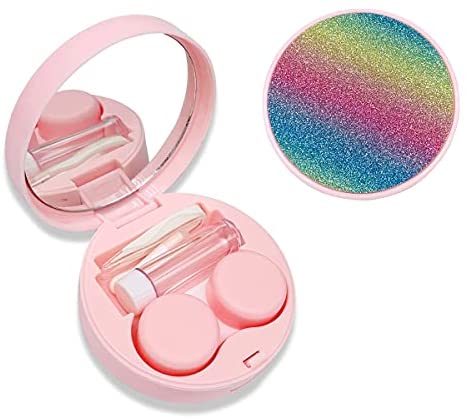 Folaxshoo Contact Lens Case with Mirror and Remover Tool Tweezers Portable Cute Contact Lens Container Kit Set Color Sparkles Eye Care Soak Storage Lens Holder for Daily and Travel Carry (Pink)