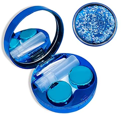 Folaxshoo Stylish Contact Lens Case Color Sparkles Portable Cute Contact Lens Holder with Mirror and Remover Tool for Teen Girls Women Daily Travel Carry (Blue)