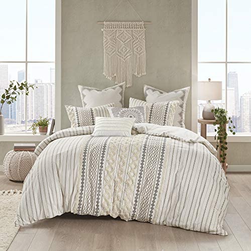INK+IVY 100% Cotton Duvet Mid Century Modern Design All Season Comforter Cover Bedding Set, Matching Shams, Full/Queen (88 in x 92 in), Imani, Ivory Chenille Tufted Accent
