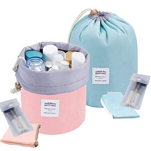 INVODA Cosmetic Bags 2 Packs Makeup Bags Drawstring Bucket Toiletry Bag Bathroom Storage Carry Cases Waterproof Make up Pouch Foldable Travel Cosmetic Organizer (Pink+Green)