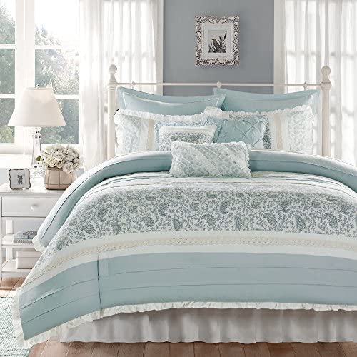 Madison Park Dawn Queen Size Bed Comforter Set Bed In A Bag - Dawn shabby Chic, Blue – 9 Pieces Bedding Sets – 100% Cotton Percale Bedroom Comforters