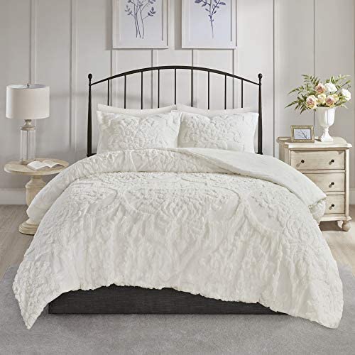 Madison Park Tufted Chenille Cotton Comforter, All Season Bedding Set, Matching Shams, Viola, Damask Off White King/Cal King(104
