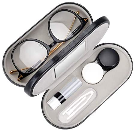 Muf 2 in 1 Double Sided Portable Contact Lens Case and Glasses Case,Dual Use Design with Built-in Mirror, Tweezer and Contact Lens Solution Bottle Included for Travel Kit