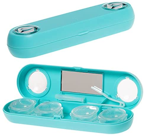 Muf Contact Lens Case with Magnifier,Identify Colored Contacts Pattern,Store 2 Pairs of Contacts,Compact Soak Storage Kit with Mirror Tweezer Remover for Travel,Office,Halloween (Blue)