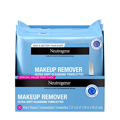 Neutrogena Makeup Remover Cleansing Face Wipes, Daily Cleansing Facial Towelettes Remove Makeup & Waterproof Mascara, Alcohol-Free, 100% Plant-Based Fibers, Value Twin Pack, 25 count, 2 pk