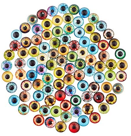 PH PandaHall 12mm Lucky Evil Eye Glass Cabochons, 100pcs 50 Style Dragon Eyes Glass Cabochons Cat Owl Bird Human Pupil Eyes Half Round Gems for Art Doll Props Photo Dome Pendant Trays Halloween