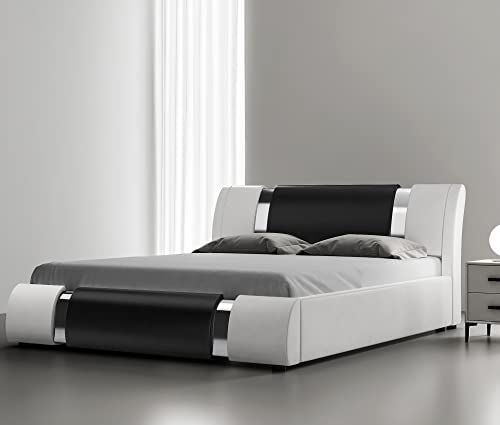 SHA CERLIN King Size Bed Frame with Iron Pieces Decor and Adjustable Headboard / Deluxe Upholstered Modern Platfrom Bed with Solid Wooden Slats Support / No Box Spring Needed, Black with White Sides