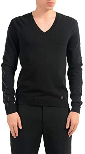 Versace Collection Men's Detailed Black V-Neck Sweater Size US
