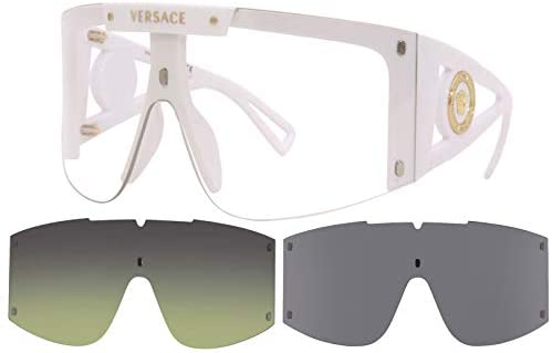 Versace VE 4393 401/1W White Plastic Shield Sunglasses Green Or Grey Clip On Lens