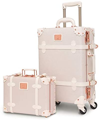 urecity Designer Vintage Trunk Combination Luggage Sets of 2 Piece, Hard Shell Retro Travel Suitcase with Wheels (Rose White, 24