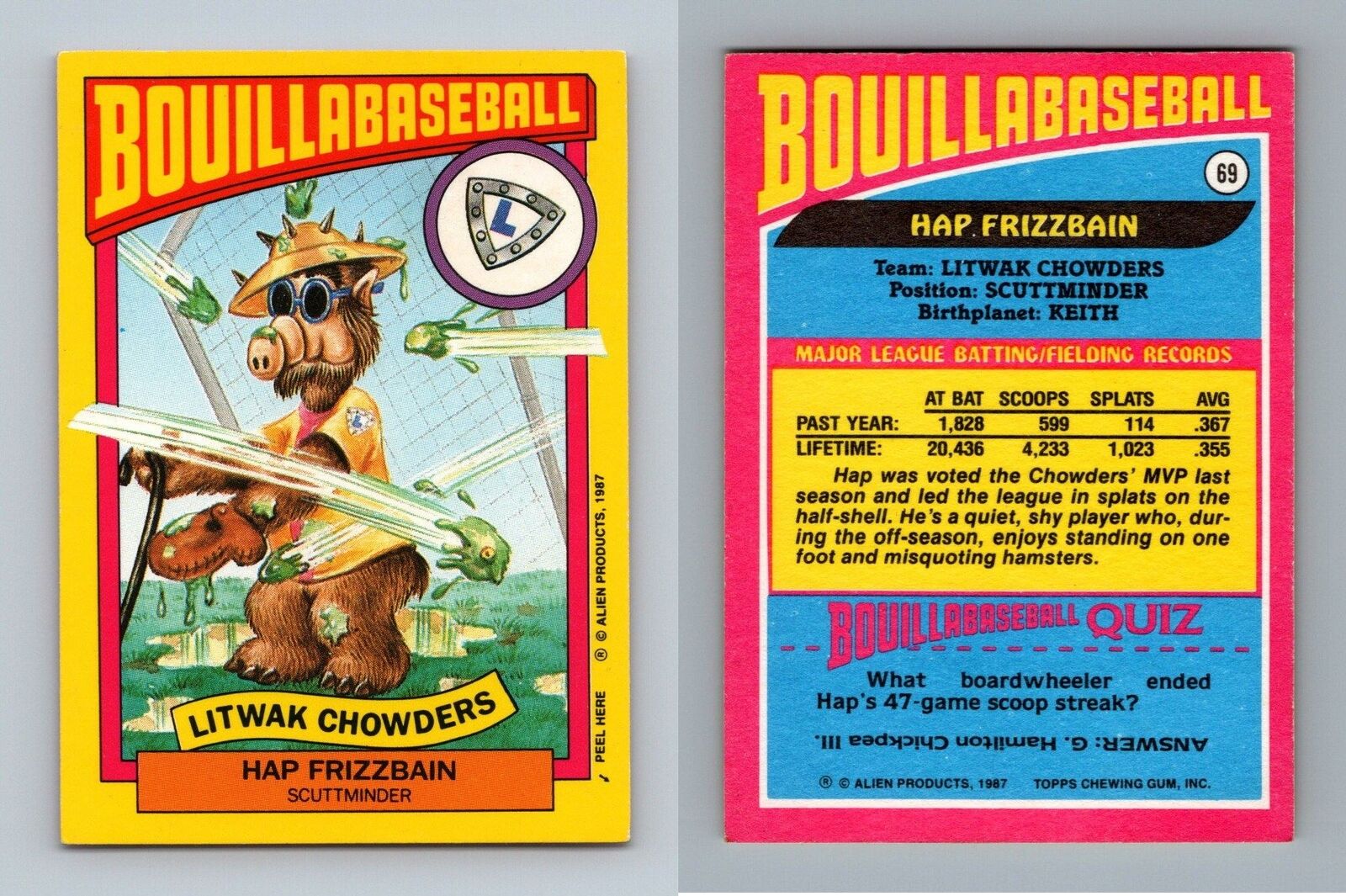 Hap Frizzbain #69 Alf 1987 Topps Small Bouillabaseball Trading Card / Sticker