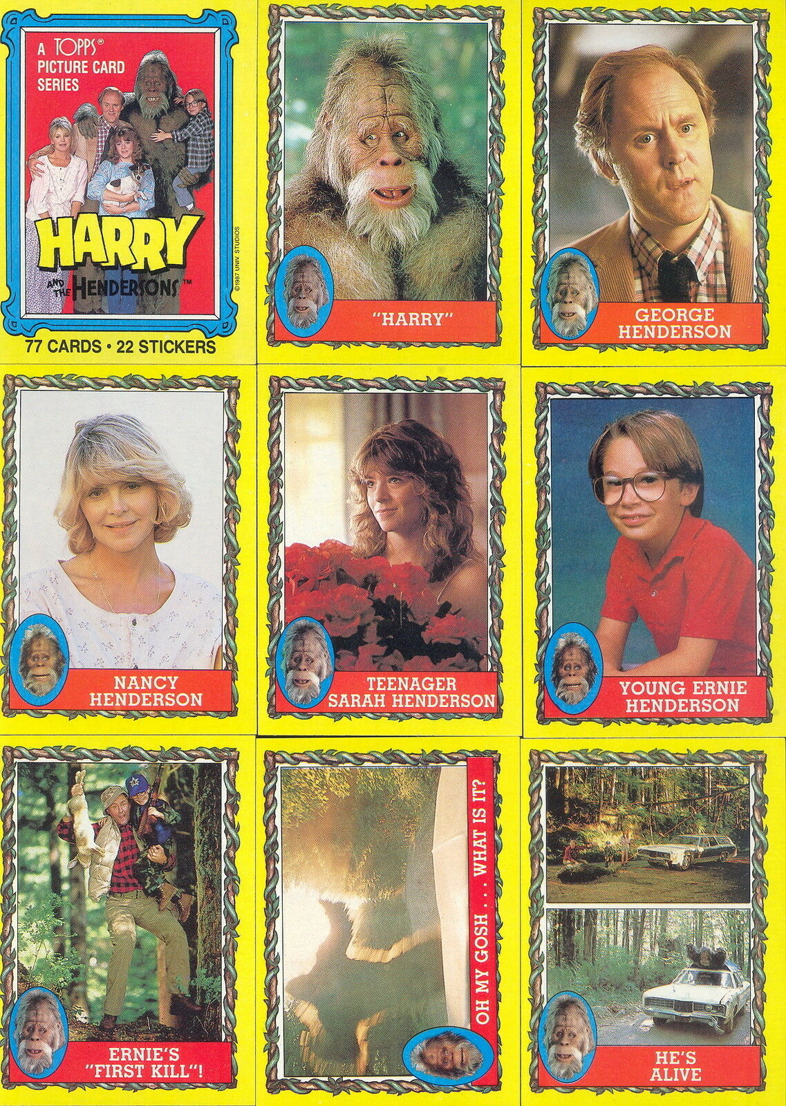HARRY AND THE HENDERSONS COMPLETE 77 BASE TRADING CARD SET 1987 TOPPS