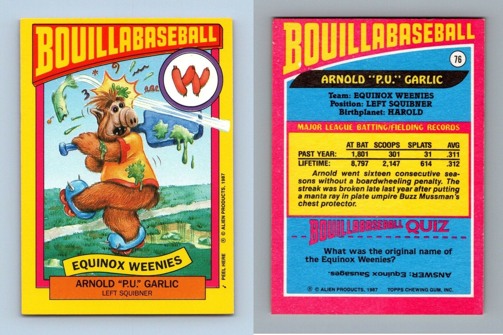 Arnold P.U. Garlic #76 Alf 1987 Topps Small Bouillabaseball Trading Card Sticker